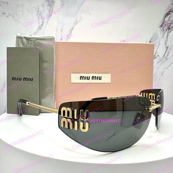 New MIU MIU Sunglasses Gold Dark Gray Lens Runway Wrap Rimless Authentic Miu Miu main image 4